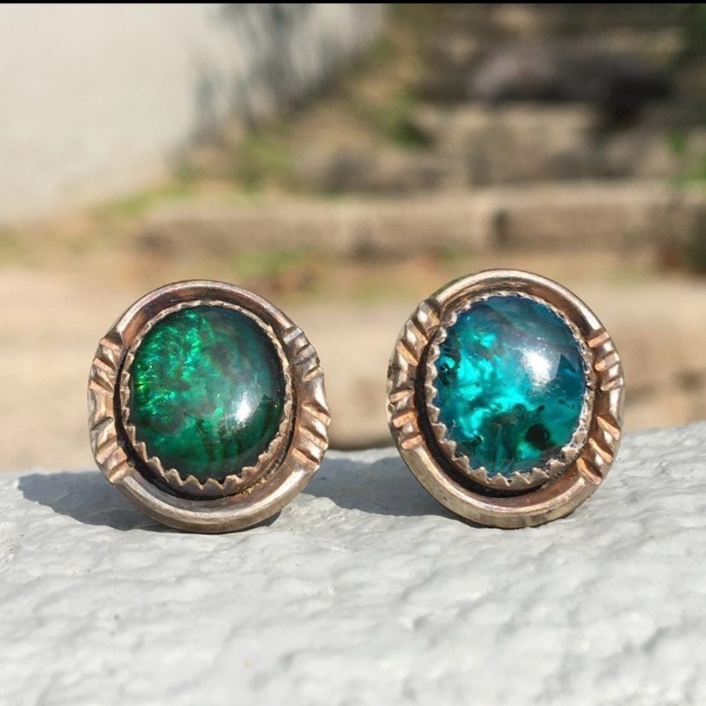 Vintage Paua Abalone Shell Earrings Sterling Silver 925 Iridescent Handmade